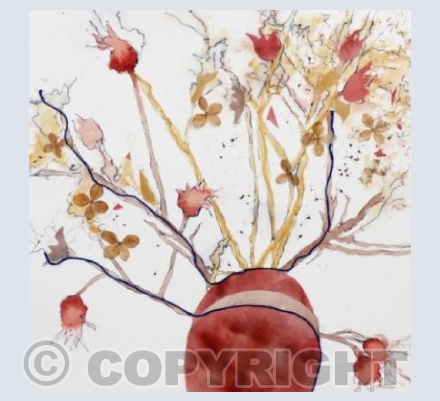 Rose hips in red vase