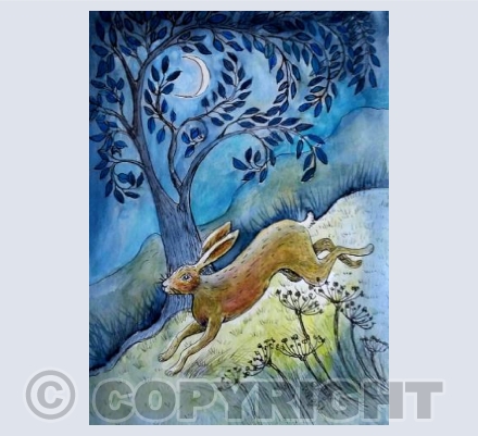 Running hare in moonlight