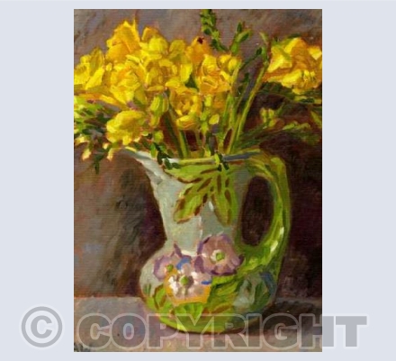 Yellow Freesias in a Vintage Jug