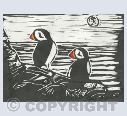 Puffins lino print