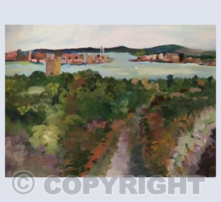 View of Portsmouth Harbour with two monuments