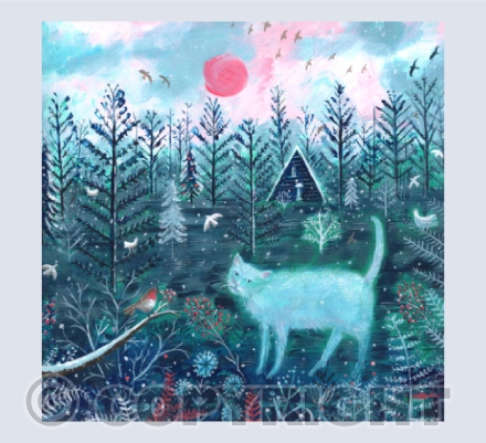 White cat in winter Christmas card