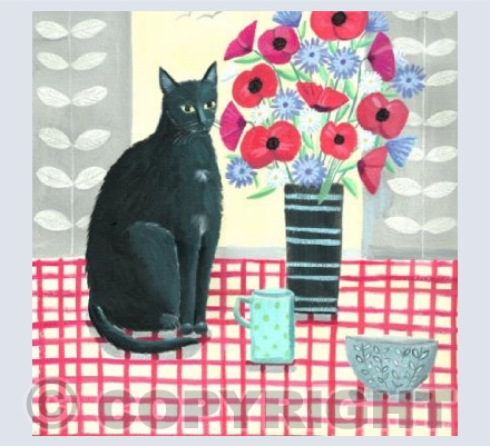Black cat with Poppies