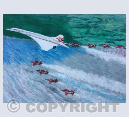 Concorde in flight with the Red Arrows