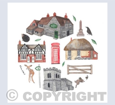 English country village watercolour illustration 