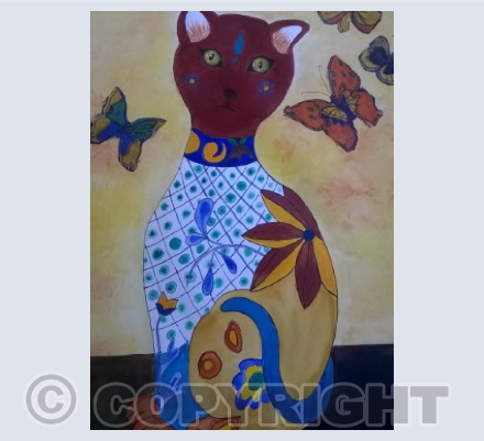 Porcelain cat and silk butterflies 