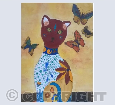 Porcelain Cat and Silk Butterflie 