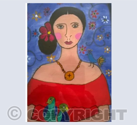 Greetings card .Consuela and her parrots 