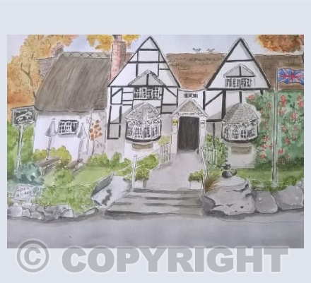 greeting card .The White Horse pub . Woolstone