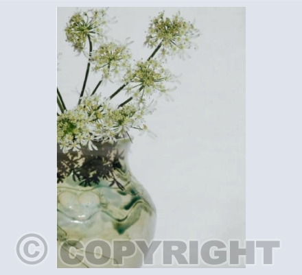 Green vase, white flowers, side view