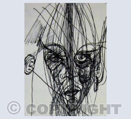 Face 1, black ink drawing