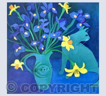 Blue Cat and Flowers