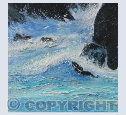 Seagulls, Bright Spray, Dark Rocks