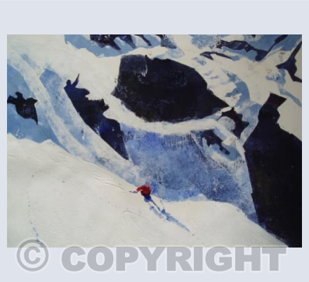 New Snow, Far Glacier and Skier  in Red