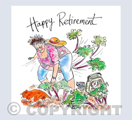Lady slinging rhubarb - Happy retirement