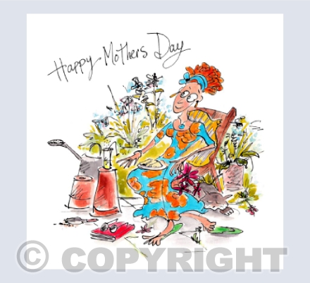 Lady sat in garden with watering can, flower pots and flowers - Happy Mothers Day