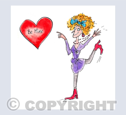 Funny lady pointing at big red heart - Be Mine