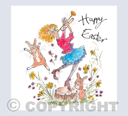 Girl with trumpet and bunnies - Happy Easter