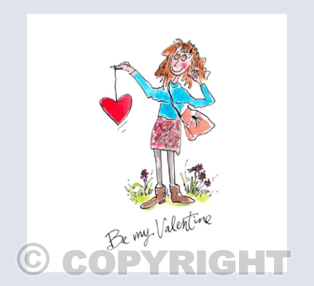 Cute girl dangling a red heart - Be my Valentine