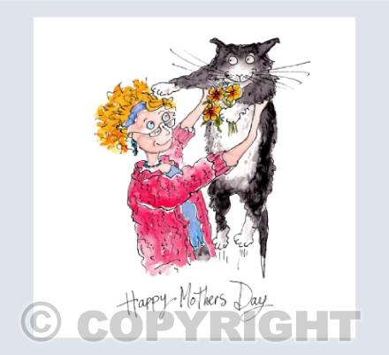 Lady holding a large black and white cat - Happy Mothers Day