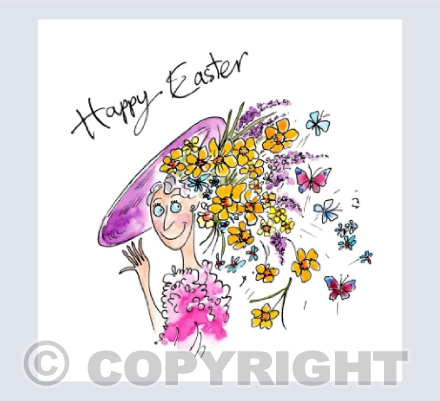 Lady, large hat, flowers and butterflies