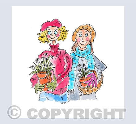Two girls with pots of Snowdrops