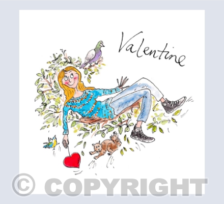 Young girl sat in tree dangling a heart, with pigeon - Valentine