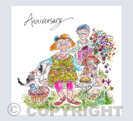 Couple having a picnic, dogs and flowers - Anniversary