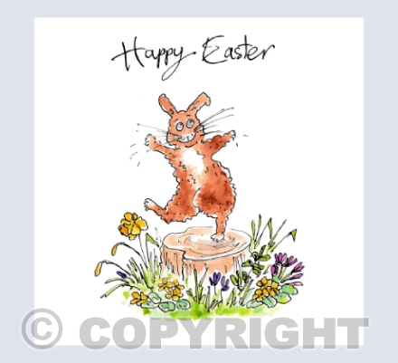 Bunny rabbit hopping on log with flowers - Happy Easter