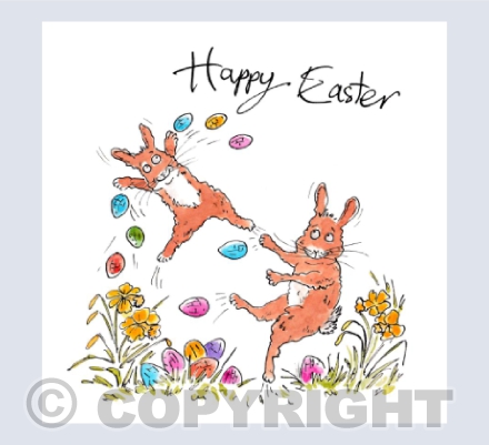 Bunnies playing rugby with eggs - Happy Easter