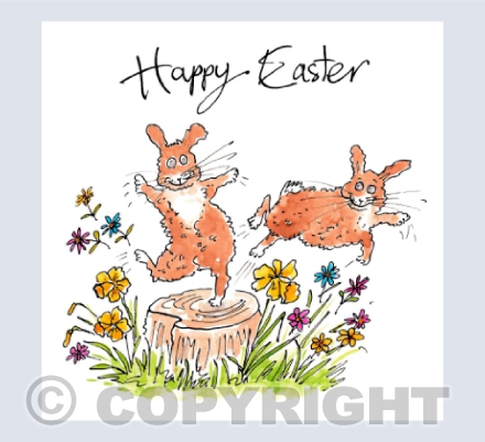 Cute bunny rabbits with flowers - Happy Easter