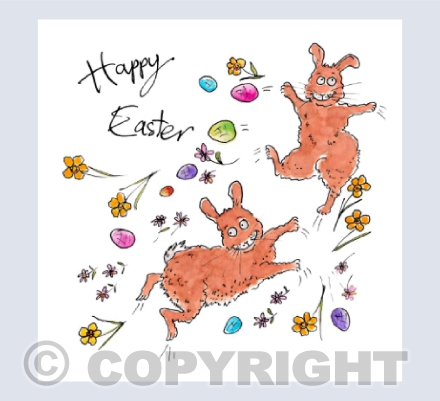 Cute bunnies with eggs and flowers - Happy Easter