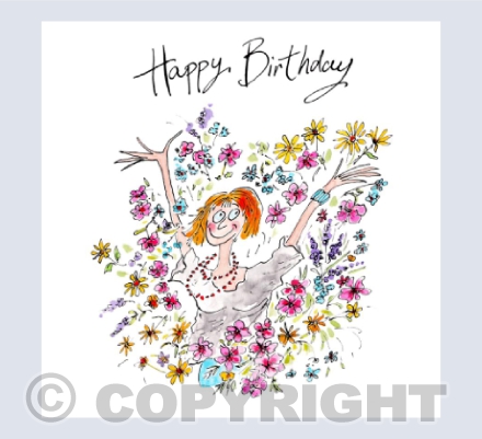 Lady throwing flowers up in the air - Happy Birthday
