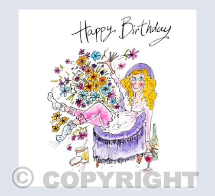 Lady sitting on chair with wine, ice cream and flowers - Happy Birthday