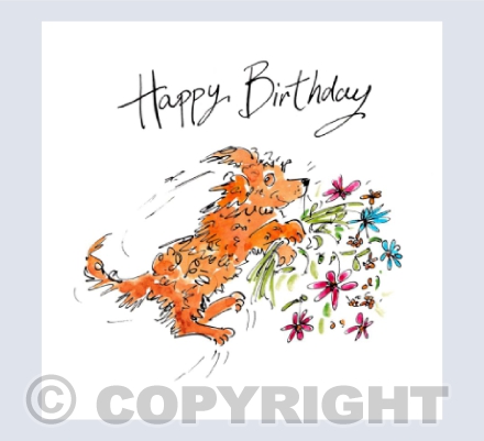 Puppy with bouquet leaping - Happy Birthday