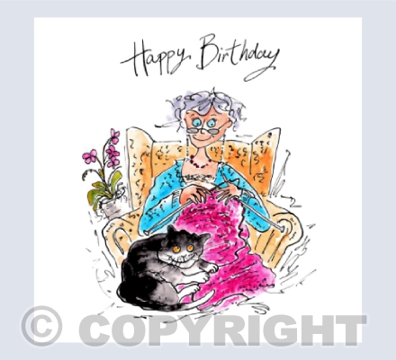 Happy Birthday - Lady knitting with cat
