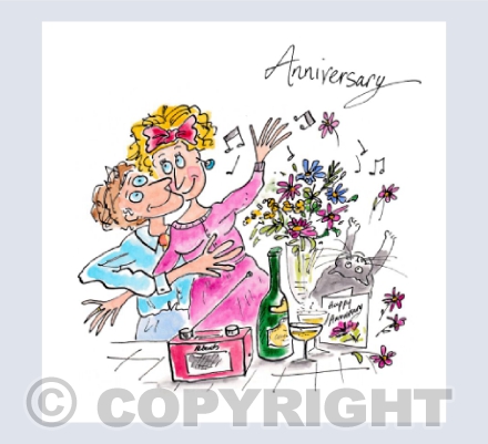 Couple with Champagne, music, flowers and cat - Anniversary