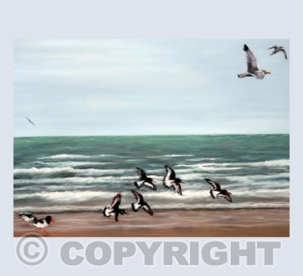 Birds at the Beach - A pastel painting seascape