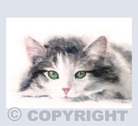 'Green Eyes' Watercolour Cat