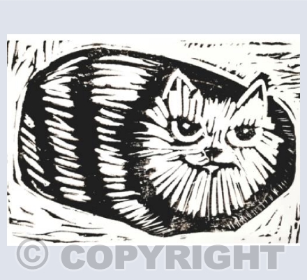 Sitting Striped Tabby Cat Linocut