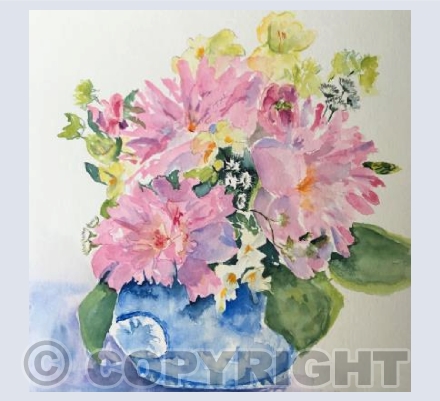 Summer flowers in a blue pot