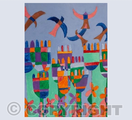 Garden with Tulips and Birds