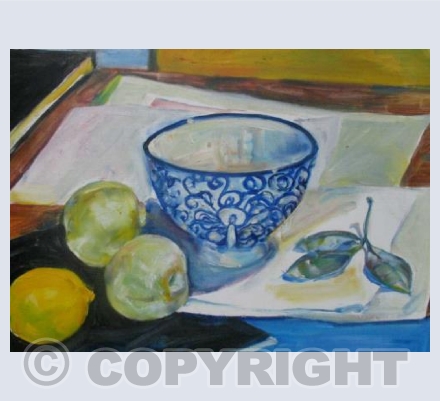 Blue pattern bowl with white cucumbers